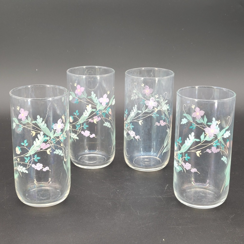 Vintage April by Pfaltzgraff Glass Tumblers 16 Oz Set of 4 Floral Drinkware